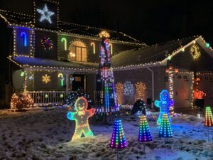 Front view of Rusty Griswold’s Light Display with thousands of synchronized Christmas lights in Burlington, Ontario.